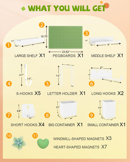 Soubeoii Metal Pegboard Kit — Carbon Steel Pegboards with 26 Accessories, Pegboard Wall Organizer for Home, Office, Study Room, Kitchen, Craft Room & Gaming Setup— 24″ × 16″ Green Peg Board