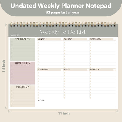 Weekly To Do List Notepad, Undated Planner with 52 Sheets (8.5''x11''), Desk Weekly Planner for Women & Man, Home School & Work