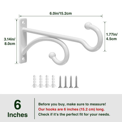 pickpiff 6-Inch Planter Hooks for Hanging Plants - Plant Hanger Hook Indoor Outdoor, Plant Wall Hooks, Brackets for Hanging Plants, Baskets, Wind Chime, Bird Feeder, Bird House (White, Metal, 2 Pack)