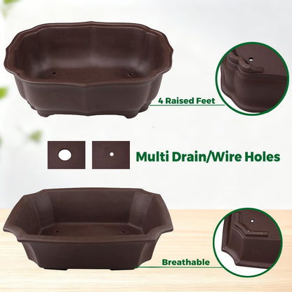 MUZHI 2 Pack 8" Unglazed Ceramic Bonsai Tree Pot Training Planter with Drainage Wiring Hole, Breathable Handmade Zisha Pottery Growing Plant Pot with Mesh Drip Tray Indoor Outdoor