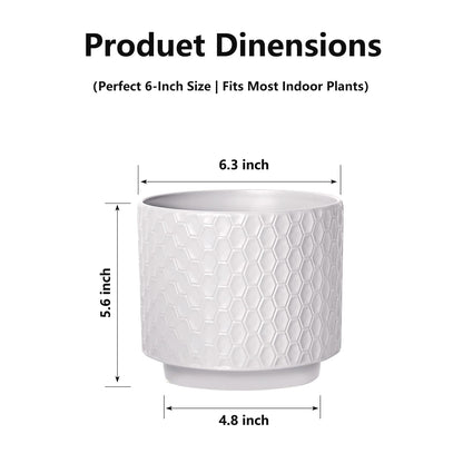 Kiolnoy 6 Inch Ceramic Pots for Indoor Plants with Drainage Hole & Floral Design, Planter for Home Decor on Windowsill, Tabletop, Office (White)