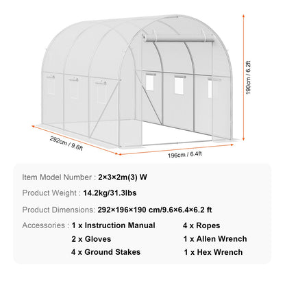 VEVOR Walk-in Tunnel Greenhouse, 9.6x6.4x6.2 ft Hoop House Greenhouse Tunnel, Plant Hot House with Galvanized Steel Frame, White PE Cover, Roll-up Zipper Door and 6 Windows for Outdoor