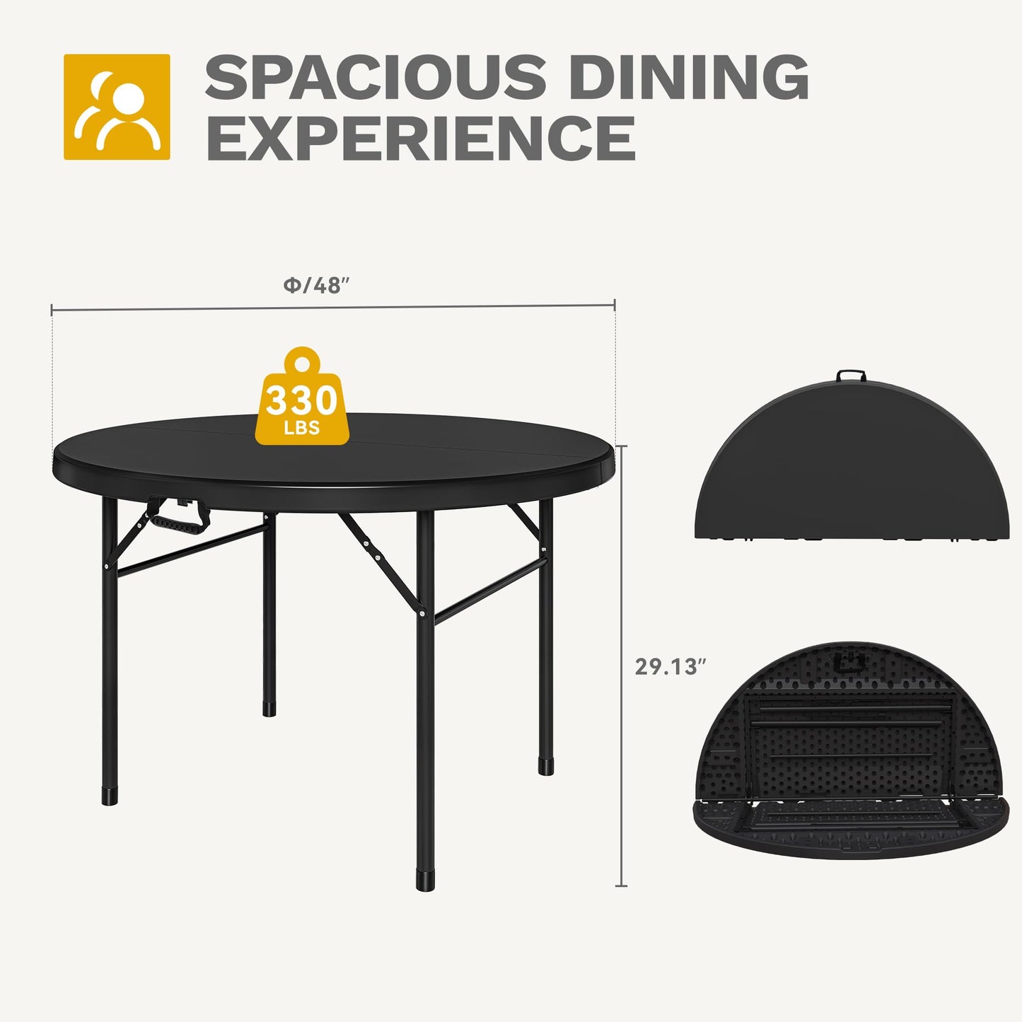 DWVO 48 Inch Folding Table for Outdoor/Indoor, Round Folding Table w/Sturdy Metal Frame, Lightweight Yet Thick Table Top Ideal for Patio Backyard Dining Room Events, Black