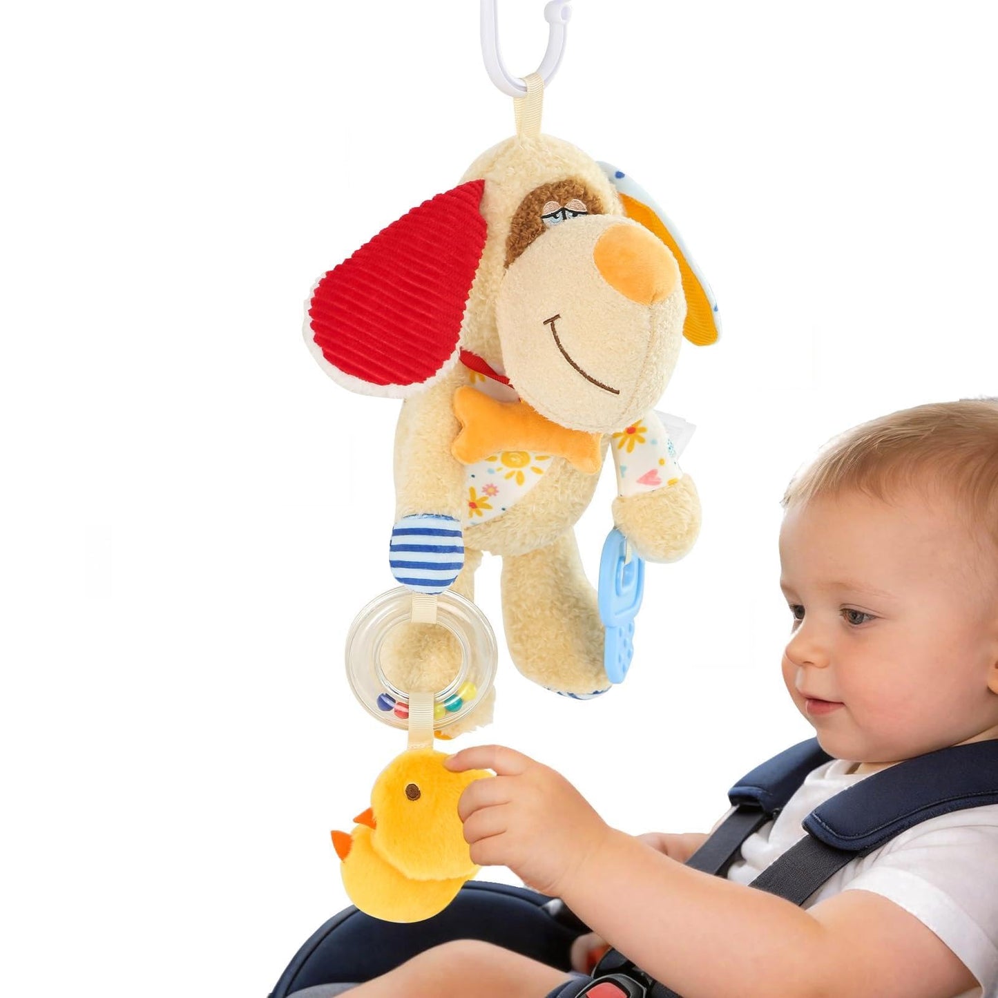 Baby Car Seat Toys for Roadtrip, Hanging Sensory Toys 0 6 12 Months with Teether, Crinkle Paper, Rattles & Squeaker, Montessori Travel Plush Toy for Newborn Infant Boys Girls Gift