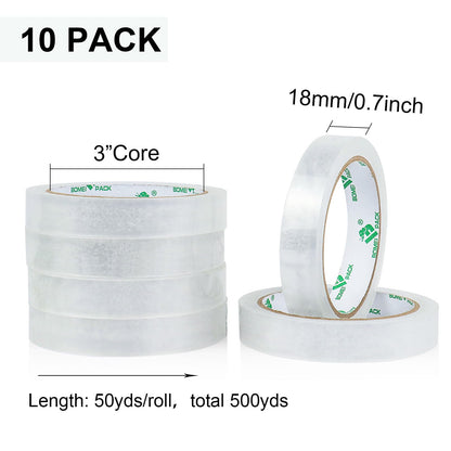 BOMEI PACK 10Rolls Clear Tape Refills for Dispenser, Transparent Gift Wrap Tape 3 Core Tape for Home, School and Office, 3/4inch x 50yds