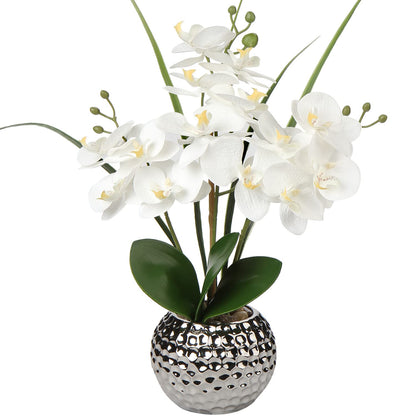 Briful Orchids Artificial Flowers, 20'' White Faux Orchid with Silver Vase Fake Phalaenopsis Flowers for Home Table Living Room Office Kitchen Decor