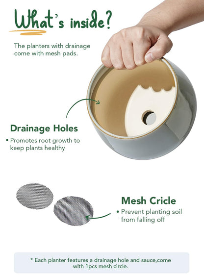 LE TAUCI Plant Pots for Indoor Plants, 4.1+5.1+6.5 inch, Set of 3, Ceramic Planters with Drainage Hole and Saucer, Indoor Flower Pot with Hole Mesh Pad, Gifts for Mom, Reactive Glaze Blue Gray