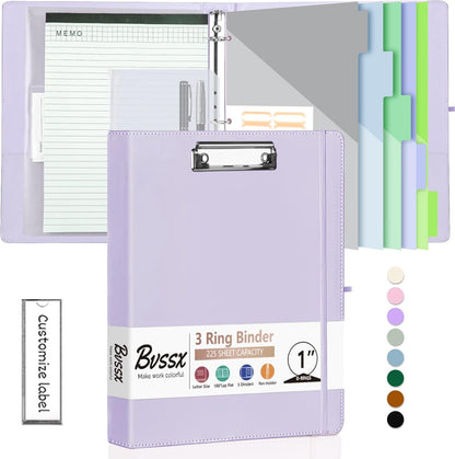 BVSSX 3 Ring Binder with Clipboard,1 Inch Binders with Notepad&5 Dividers with Pockets, Labels,PU Clipboards for School Office(Purple,Letter Size)