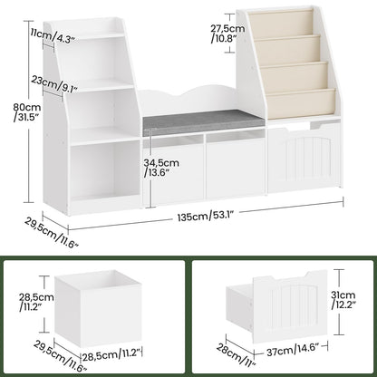 CHOEZON 53.1" Kids Bookshelf with Reading Nook, 4-in-1 Children's Bookcase with Soft Bench, Mobile Drawer & Fabric Bins, Storage Shelves, Bookshelf for Kids, White MCW18WB