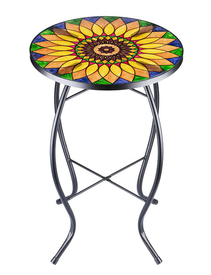 VCUTEKA Sunflower Outdoor Side Table, Mosaic Design, Small Glass Top, Round, Patio Side Table, Balcony Coffee Table, Indoor, 14 inches, Yellow