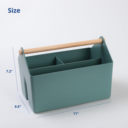 BLUE GINKGO Medium Storage Basket – Plastic Caddy with Wooden Handle for Office, Arts & Crafts, or Home Supplies (Green)