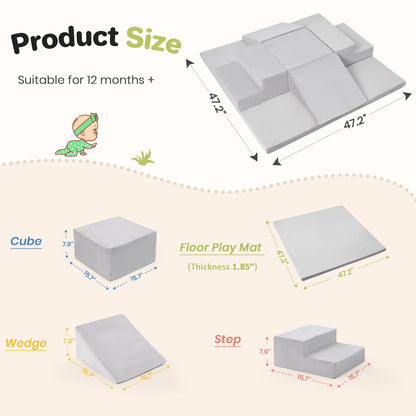 Rinnebbit 6-Piece Foam Climbing Blocks for Toddlers, Climb and Crawl Soft Foam Play Set with 47x47 Inch Baby Play Mat for Floor, Machine Washable Cover, Soft Climbing Toys for Toddlers 1-3 (Gray)