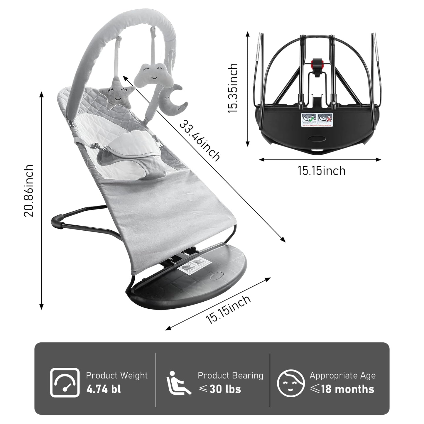Portable Baby Bouncer Seat for Babies 0-18 Months, 100% Cotton Fabrics, Adjustable Multi Position Baby Bouncer Seat, Infant Rocker Chair with Hanging Toys-Light Grey