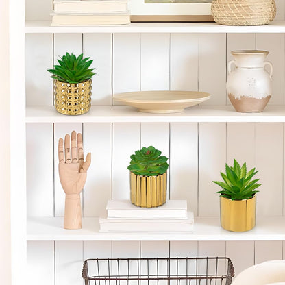 Briful Succulents Plants Artificial in Gold Ceramic Pots (Set of 3), Small Fake Plants for Home Office Desk Decor – Modern Mini Potted Succulents for Bathroom, Bedroom, Living Room Table, Shelf