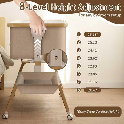 Mariserenity Rocking Baby Bassinet Bedside Sleeper, Detachable Portable Bassinet & Adjustable Crib with 8 Heights, Breathable Mesh, Storage Basket & Mobile Toy for Newborns to Toddlers(Oatmeal)