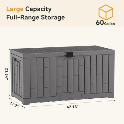DUMOS 60 Gallon Deck Box, UV Resistant Waterproof Storage Bin for Patio Cushions Gardening Tools, Lockable Resin Outdoor Storage Box with Hundles, Grey