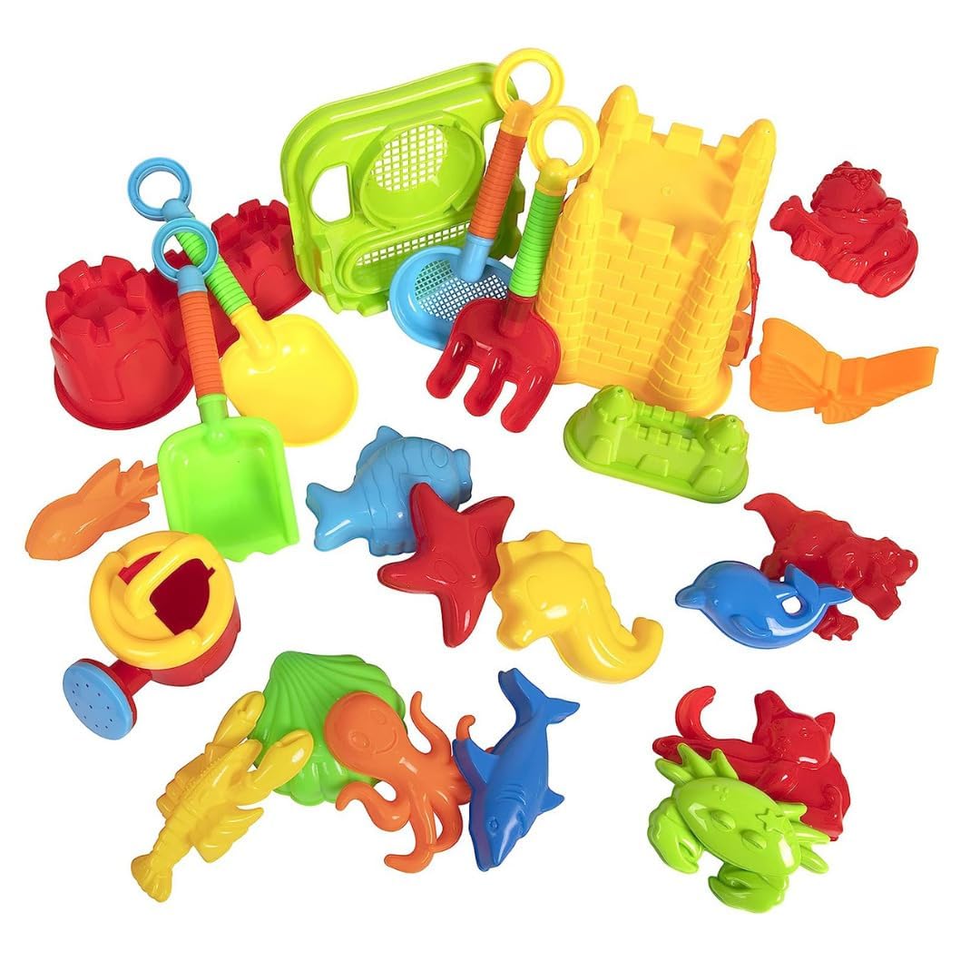 Kangaroo Beach Bucket Set for Kids - 23 Pcs Collapsible Sand Toys Set - Foldable Travel Pail and Shovel Set for Toddlers - Beach Essentials for Sand Castle Molds - Beach Toys for Kids Ages 4-8 & 8-12