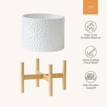 LA JOLIE MUSE White Planter with Stand,Mid Century Planters for Indoor Plants,Ceramic Plant Pot with Stand - 8 Inch Unique Modern Flower Pots Indoor with Drainage Holes