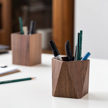 Soseelnee Black Walnut Wooden Pencil Box, Multiple-Use Desk Writing Stationary Organizer Wood Pen Holder Cups Office School Supplies Storage (Square Shape)