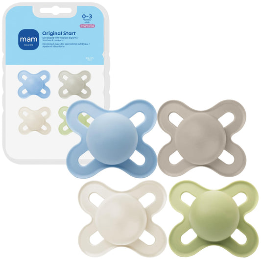 MAM Original Start Baby Pacifiers 0-3 Months, BPA-Free Skin Soft Silicone Nipple, Glows in The Dark, Developed with Medical Experts Specially for Smaller Newborn Mouths, 4 Pk, Made in Europe