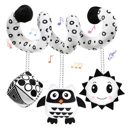 Baby Hanging Stroller and Car Seat Toys High Contrast Baby Toys for Newborn Black and White Sensory Plush Activity Toy for Babies 0-6 Months-OWL