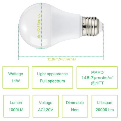 Grow Light Bulbs for Indoor Plants, Full Spectrum Grow Light Bulb, 11W LED Growing Plant Light Bulb for Seed Starting, Hydroponics, Vegetable, Flowers, Greenhouse, 100W Equivalent, A19, E26, Pack of 6