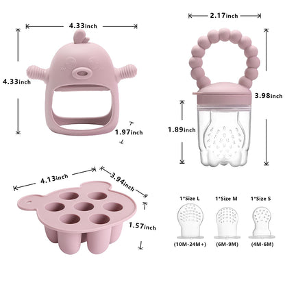Gedebey 3-in-1 Baby Food & Fruit Feeder Set – Breastmilk Popsicle Mold with Freezer Tray, Teething Relief Toy, BPA Free Infant Silicone Feeding Combo, 3 Bonus Sizes (S/M/L) Sacs (Blush)