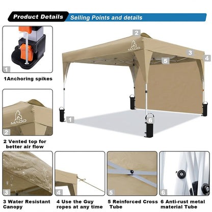 MAOO 10x10 Pop Up Canopy Tent with Sidewall, Easy Setup Instant Outdoor Canopy, 210D Silver Coated Waterproof UPF 50+ Sun Shade Shelter, Heavy Duty Steel Frame, Roller Bag, Khaki