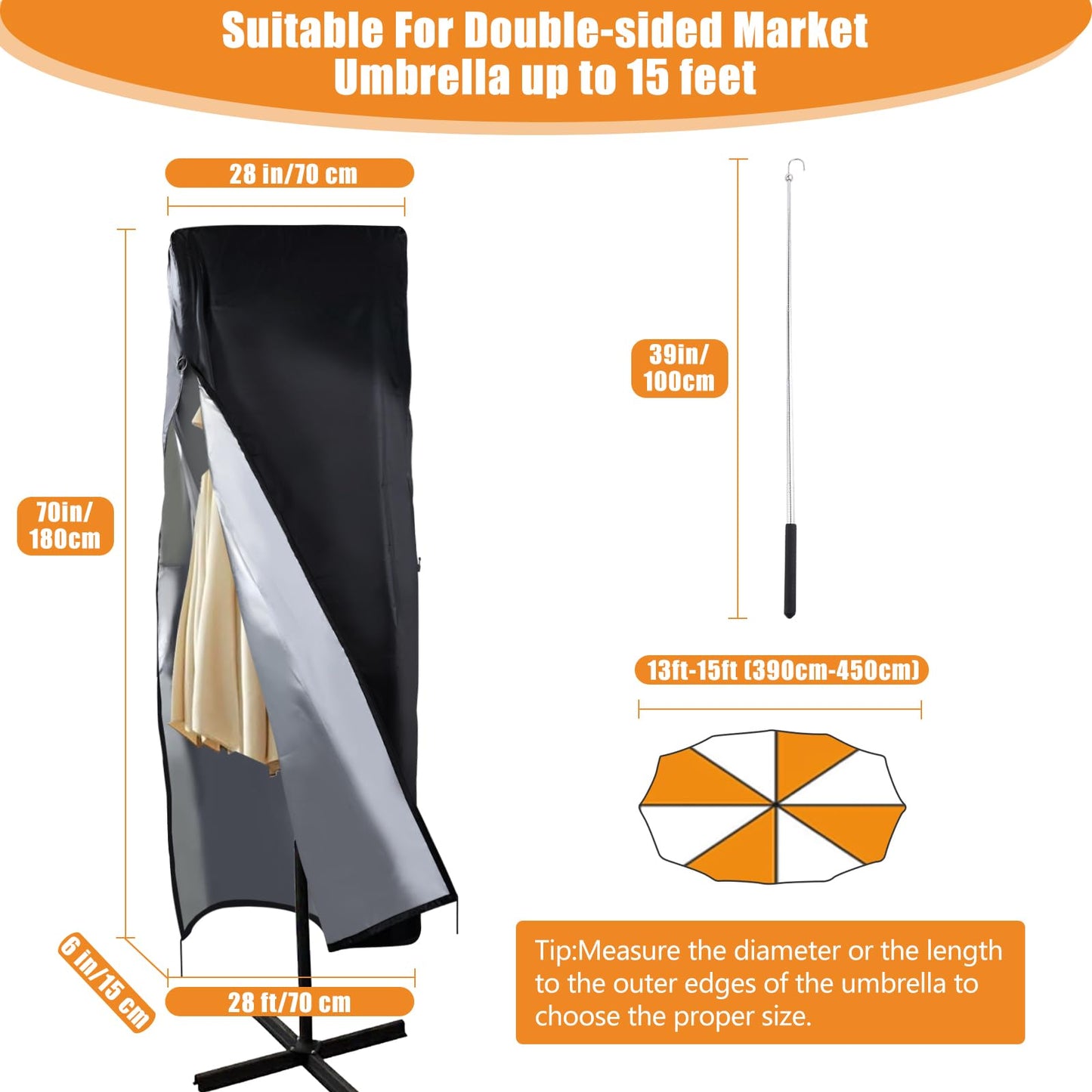 DOCEPERT Patio Umbrella Parasol Cover, 420D Waterproof Outdoor, Fits 13-15 ft Double-Sided Large Umbrella, Garden, Top Vent, Zipper, Windproof Anti-UV