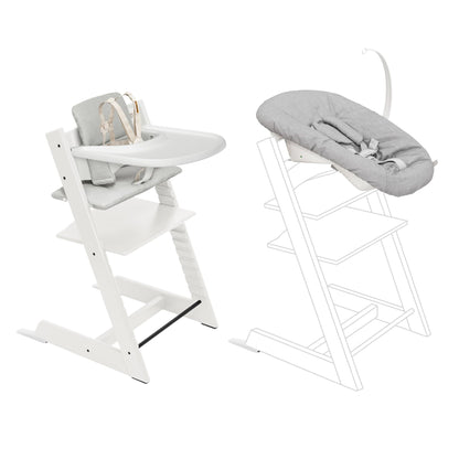 Stokke Tripp Trapp High Chair 2 (White) + Newborn Set + Cushion 2 (Nordic Grey) + Stokke Tray (White) - Includes Chair & Baby Set with Removable Harness for Children 6-36 Months