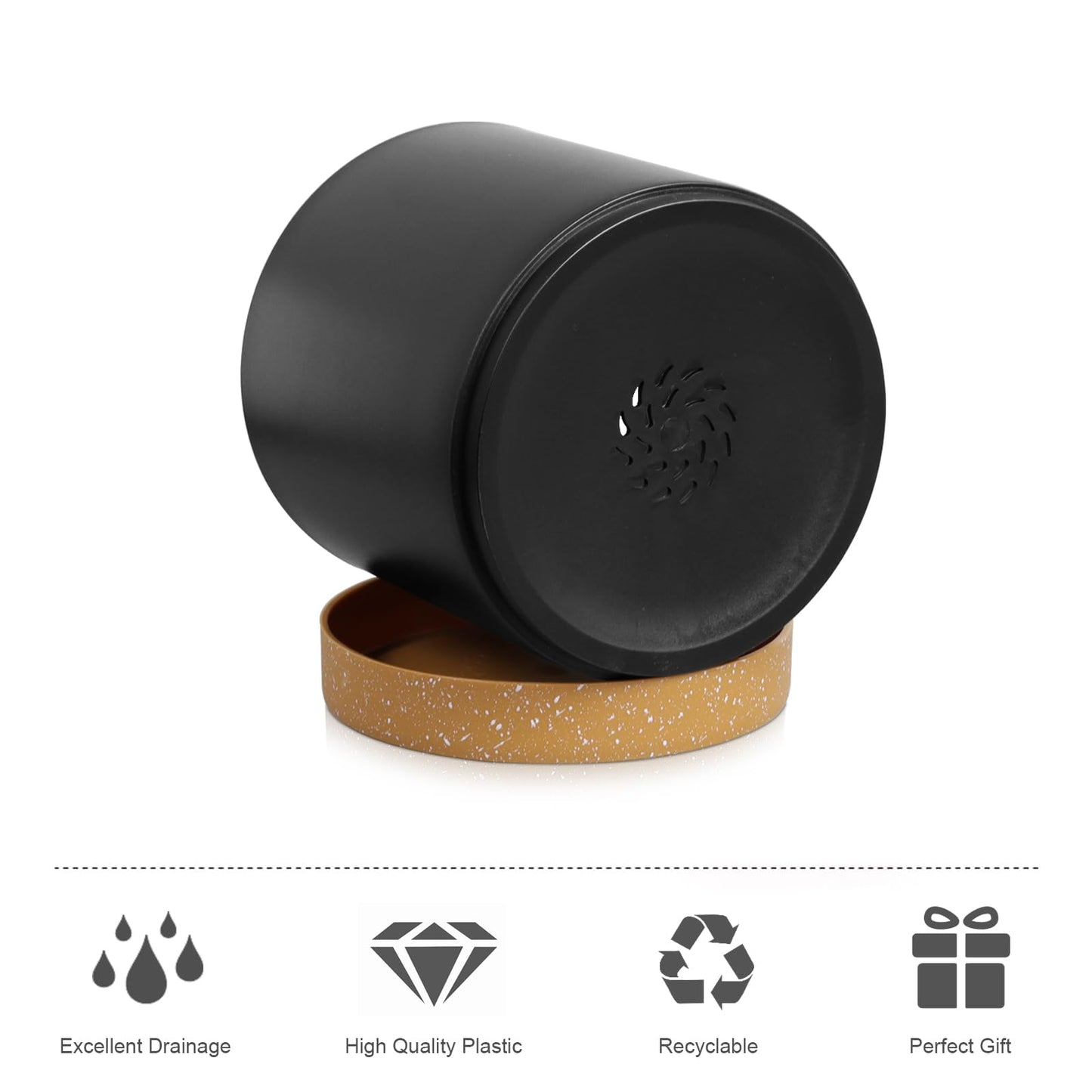 WSMKSZ 5 Pack Cylindrical Flower Pots with 7/6.5/6/5/4 inch, Modern Small Plastic Plant Pots with Drainage Holes & Saucers, Round Planter Pots for Outdoor, Indoor & Office Decor (Black Brown)