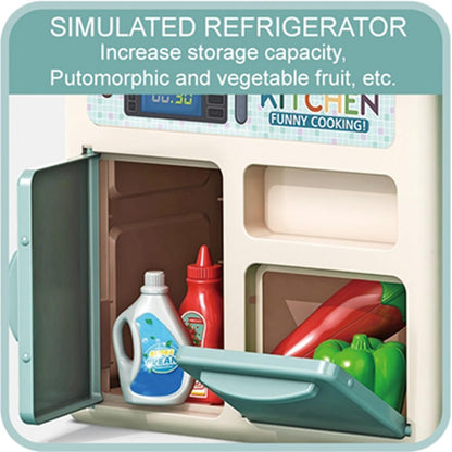 R REVA Cooking Kitchen Set Toy - 33PCS Mini Kitchen Playset for Kids with Water Spray, Light & Sound Effects - Toddler Pretend Play Appliances, Sink & Miniature Food, Educational Gift for Girls & Boys