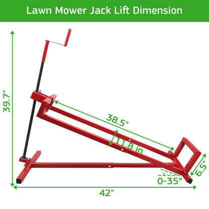 Lawn Mower Lift Jack, TUNTENDO Lifting Platform 882 Lbs Capacity Telescopic Maintenance Jack for Garden Tractors & Riding Lawn Mower with Manual Handle & Power Tool Extension Handle (Red)