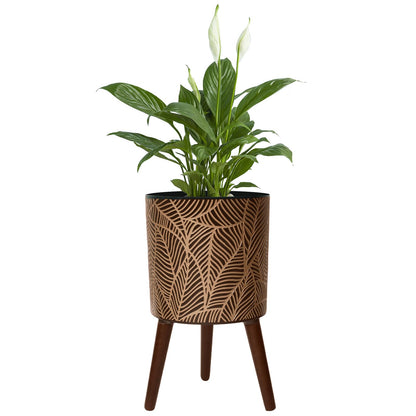 Opnons 12inch Black Plant Pots for Indoor Plants Large Boho Flower Pot with Stand Modern Planters with Gold Floral Embossed Standing Planter with Drainage for Living Room, Office, Garden or Balcony
