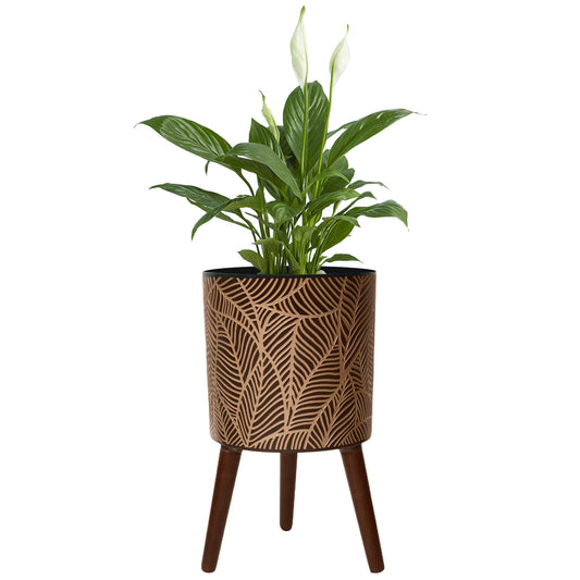 Opnons 12inch Black Plant Pots for Indoor Plants Large Boho Flower Pot with Stand Modern Planters with Gold Floral Embossed Standing Planter with Drainage for Living Room, Office, Garden or Balcony