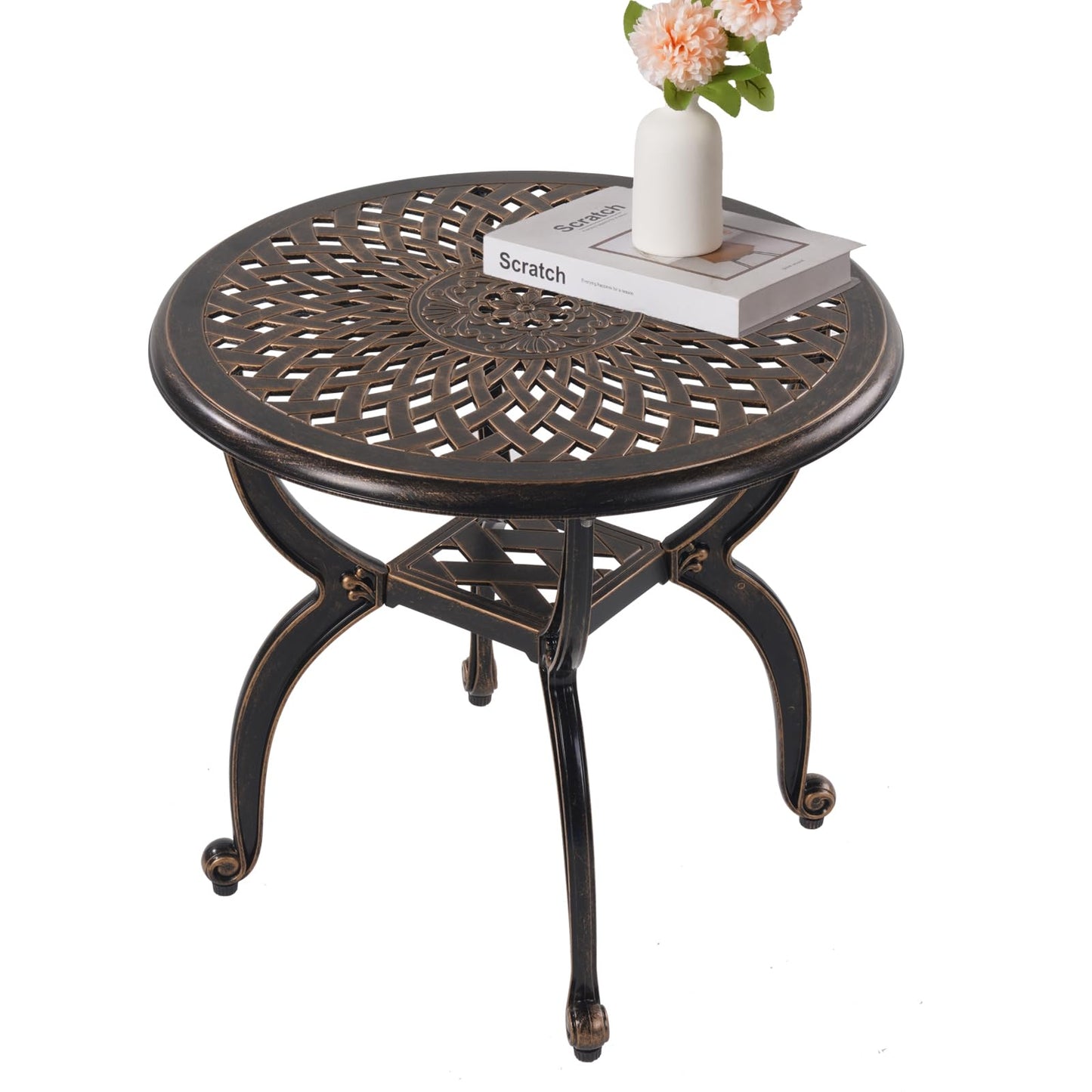 WILOUNGE Cast Aluminum Outdoor Side Table,Small Patio Table,Outdoor Coffee Tables for Patio,Garden,Balcony, for All Weather (Copper, Round)