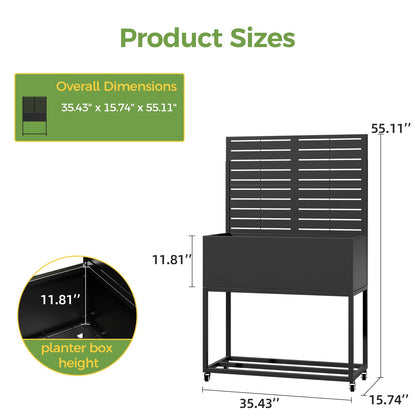 Metal Planter Box with Trellis, 3 in 1 Raised Garden Bed with Trelli & Firewood Rack, Privacy Planter Screen for Climbing Plants, Vine, Outdoor Garden Standing Beds with Drainage Holes, Wheels,Black