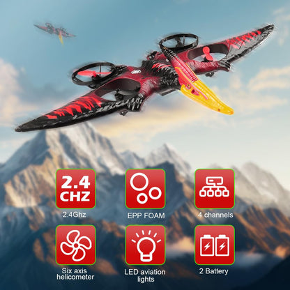 Dinosaur Remote Control Drone, 2.4G EPP Foam RC Pterodactyl Hobby RC Airplanes with 6-Axis Gyro, One Key Takeoff Landing, Stunt Roll & 360 Flip, Fighter Jet Toy Christmas Birthday Gift for Boys Girls