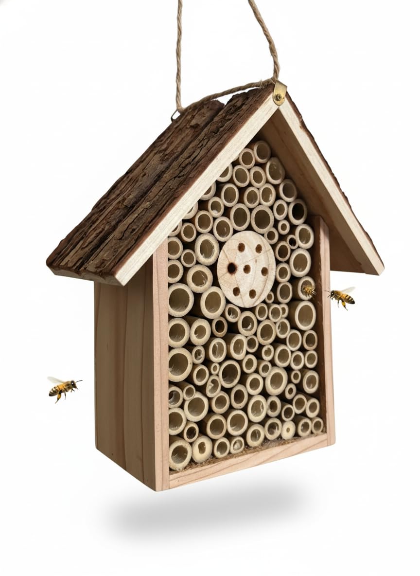 Redwood Mason Bee House - Solitary Bee Hotel & Wooden Pollinator House | Leafcutter Bee Hive with Easy-Hang Jute Rope | Weatherproof Insect Hotel & Outdoor Garden Decor for Pollinators