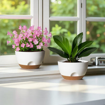 12 Inch Large Self Watering Pots, 2 Pack Plant Pots with Drainage Holes and Saucers, Self Watering Planter for Indoor Outdoor Garden Plants and Flowers (White)