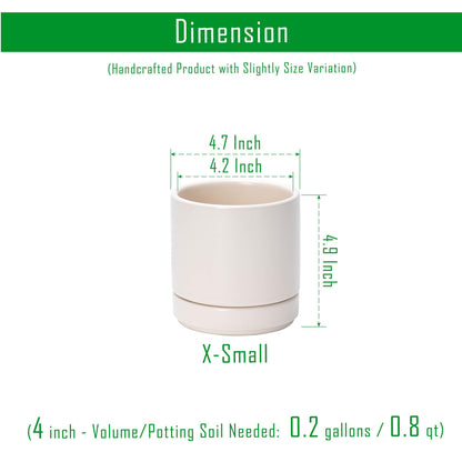 D'vine Dev 4.7 Inch Ceramic Planter Pot with Drainage Hole and Saucer, Indoor Cylinder Round Planter Pot, Oatmeal, 94-O-B-8