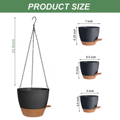 Lucieblessdesign 3 Pack Hanging Planter Indoor Outdoor Flower Pots 7/6.5/5 Inch, Self-Watering Hanging Pot with Drainage Holes Hanging Baskets Holder Plant Pots for Garden (Black)
