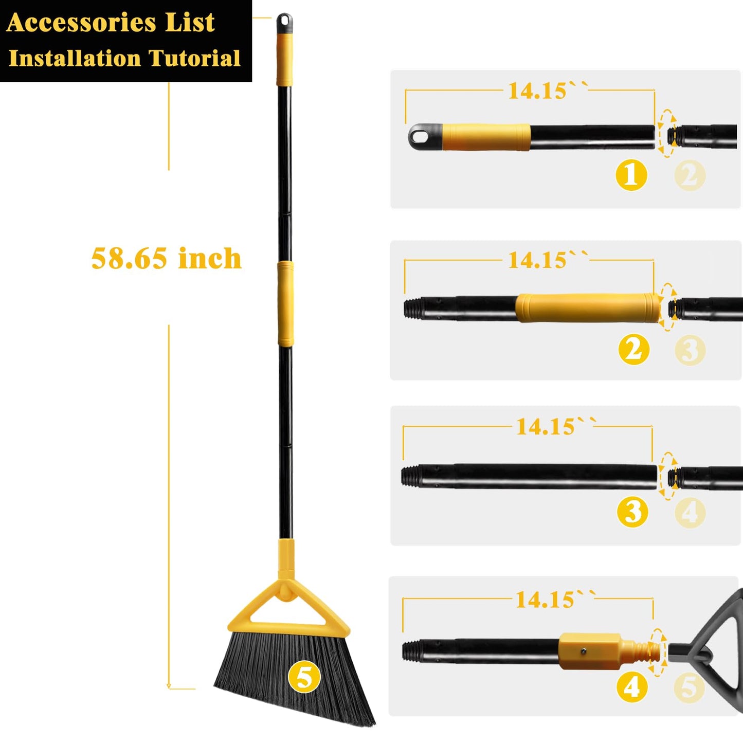 PUTNATRUE Heavy Duty Broom Outdoor and Indoor, 3 Pack Upgraded Commercial Angle Brooms, Perfect Yellow Broom of House, Kitchen, Garage, Courtyard