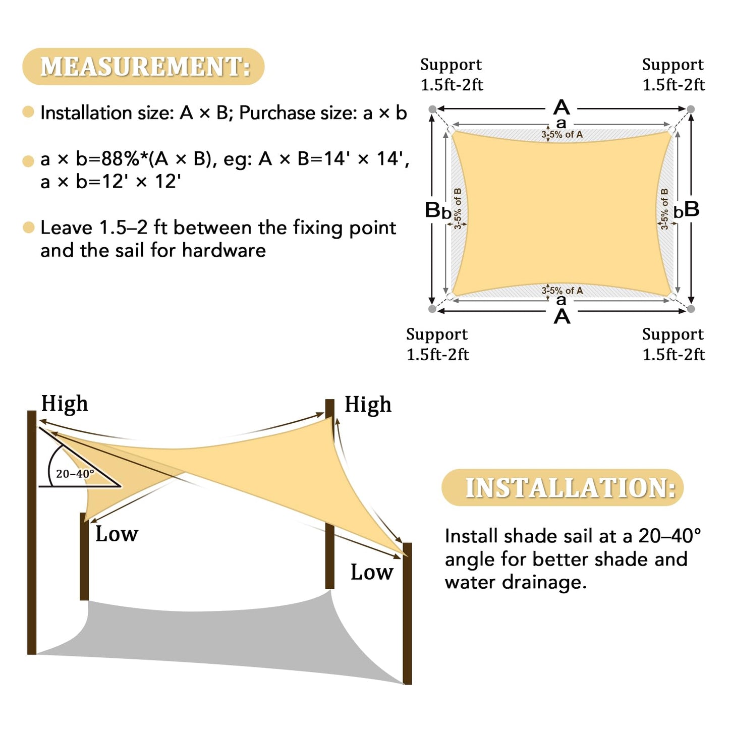 Shade&Beyond 8'x10' Sun Shade Sails Canopy Rectangle Sand 185GSM Shade Sail for Patio Deck Yard Backyard, (We Make Custom Size)