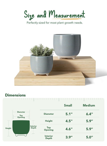 LE TAUCI Ceramic Plant Pots, 5.1 + 6.4 Inch Footed Pots for Plants, Modern Flower Pots for Home and Office, Indoor Planters with Drainage, Reactive Glaze Gray