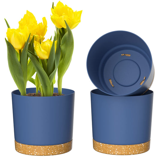 ZMTECH Plant Pots, Set of 3 8'' Self Watering Plastic Planter with Drainage Hole and Saucer, Modern Decorative Flower Pot for Indoor Outdoor House Plants, Succulents, Flowers - Blue
