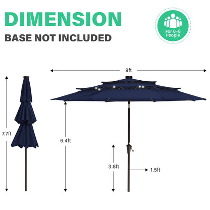 JEAREY 3 Tiers Patio Umbrella with Solar Lights 9ft Outdoor Market Table Umbrellas with Push Button Tilt for Outside Pool Garden, Navy Blue