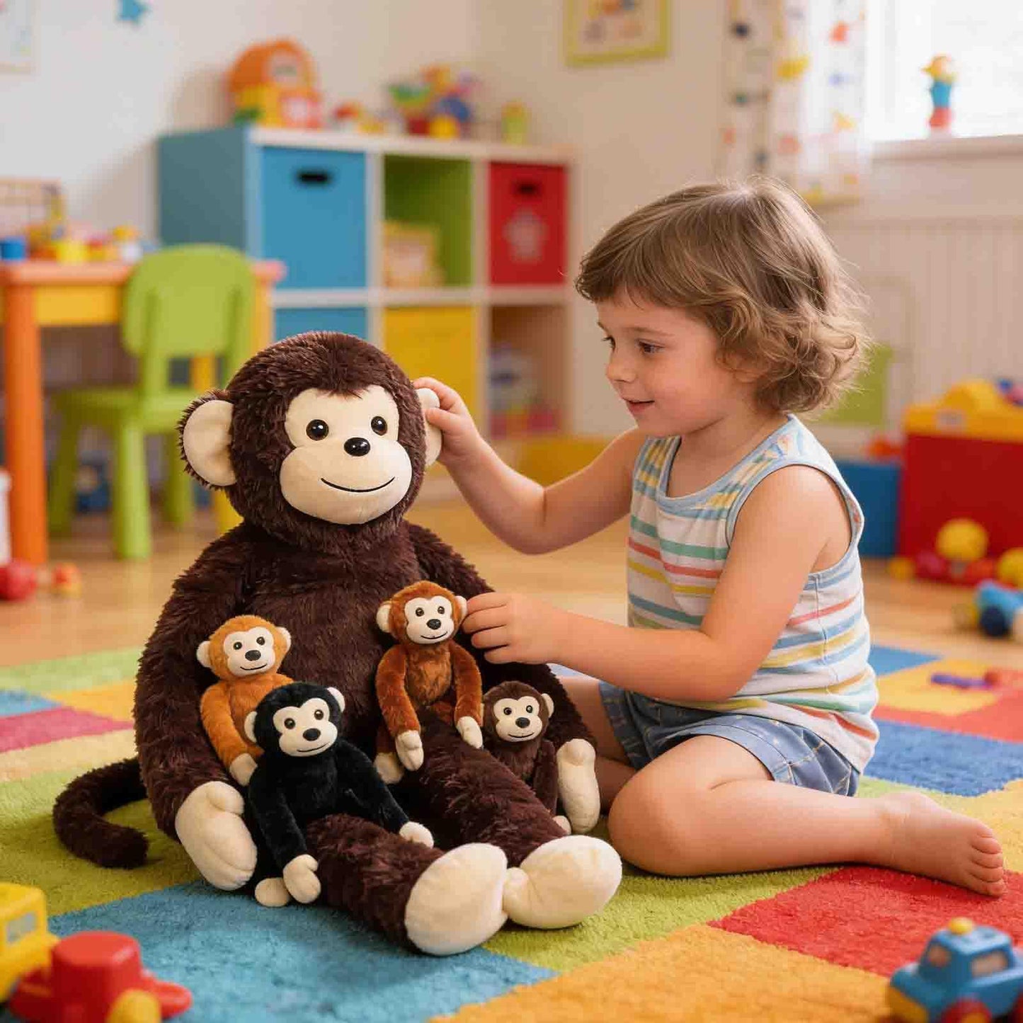 5 PCS Monkey Stuffed Animal, Large Huggable Stuffed Monkey Plush Toys with 4 Baby Monkeys for Kids, Hanging Monkeys Plushies Gifts for Boys Girls Easter Christmas Birthday Jungle Forest Party Decor