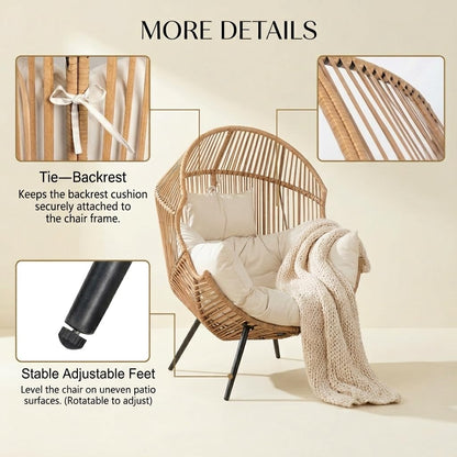 Oversized Outdoor Wicker Egg Chair, Patio Lounge Chair Basket Seat with Thick Cushion, All Weather Indoor Outdoor Porch Rockers for Balcony, Living Room, Lawn Garden