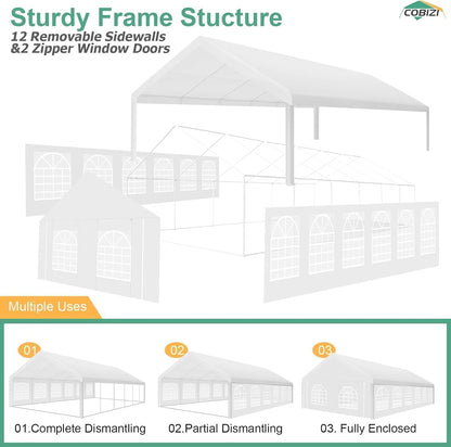 COBIZI 20x40FT Party Tent Heavy Duty Outdoor Gazebo with 12 Sidewall & 16 Church Windows, White Event Shelter Wedding Canopy Tent for Parties BBQ, Powder Coating (Better Than Galvanized)